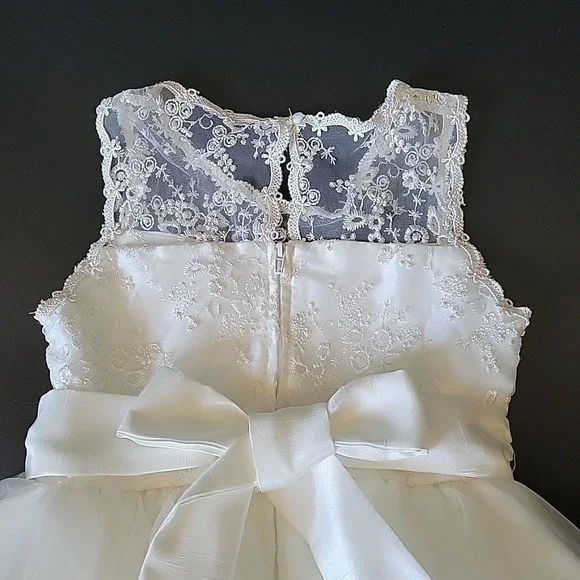 Tahari Girl Tea Length Flower Girl Dress 6X White Embroidered Lace Tulle Wedding - Picture 5 of 14